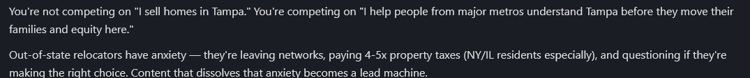 Orion AI agent chat framing Tampa relocation campaign positioning against out-of-state buyer anxiety