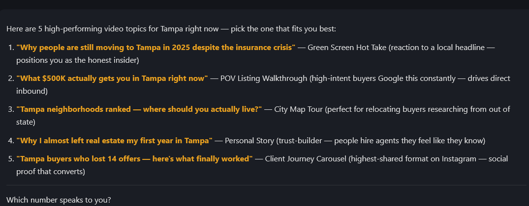 Nova AI agent chat listing five ready-to-film Tampa video topics