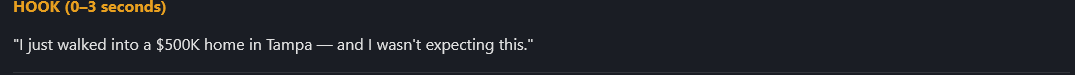 Nova AI agent chat showing the hook line of a Tampa POV walkthrough video script