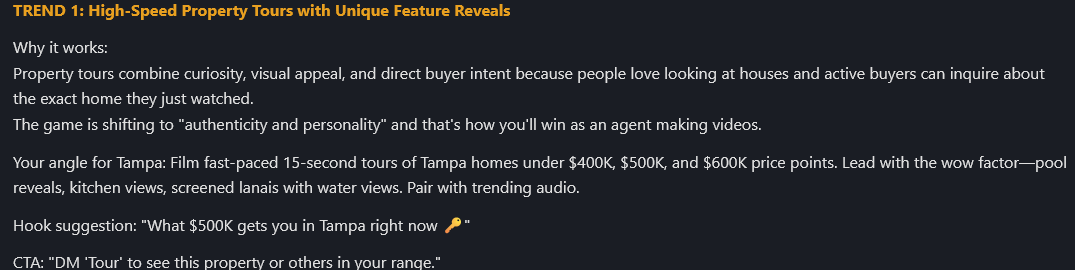 Lyra AI agent chat identifying a trending Tampa TikTok format with hook suggestion and CTA