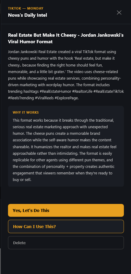 Nova's Daily Intel briefing panel flagging a viral Real Estate But Make It Cheesy TikTok format